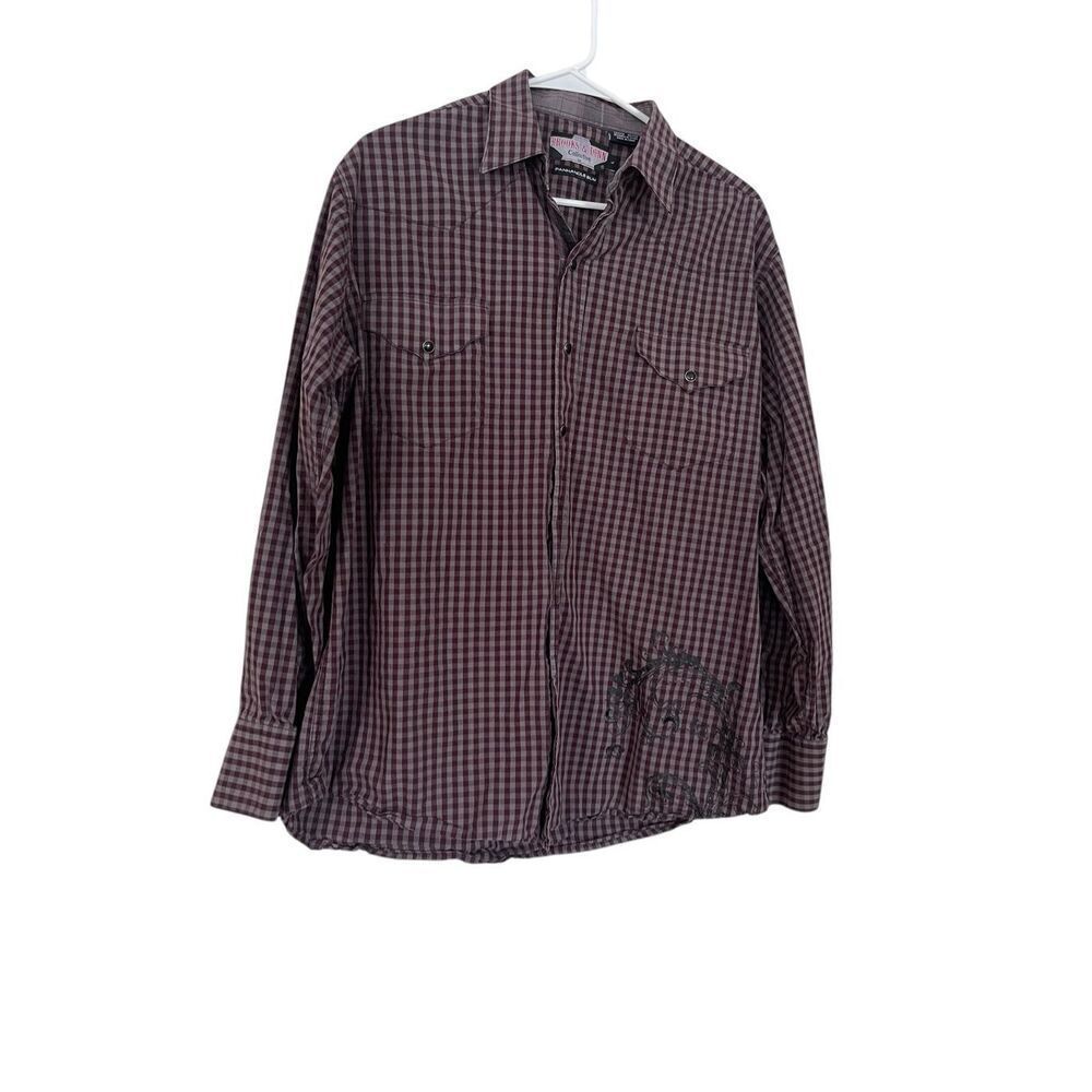 Brooks & Dunn Men Purple Black Gray Panhandle Slim Western Button Up Shirt Large